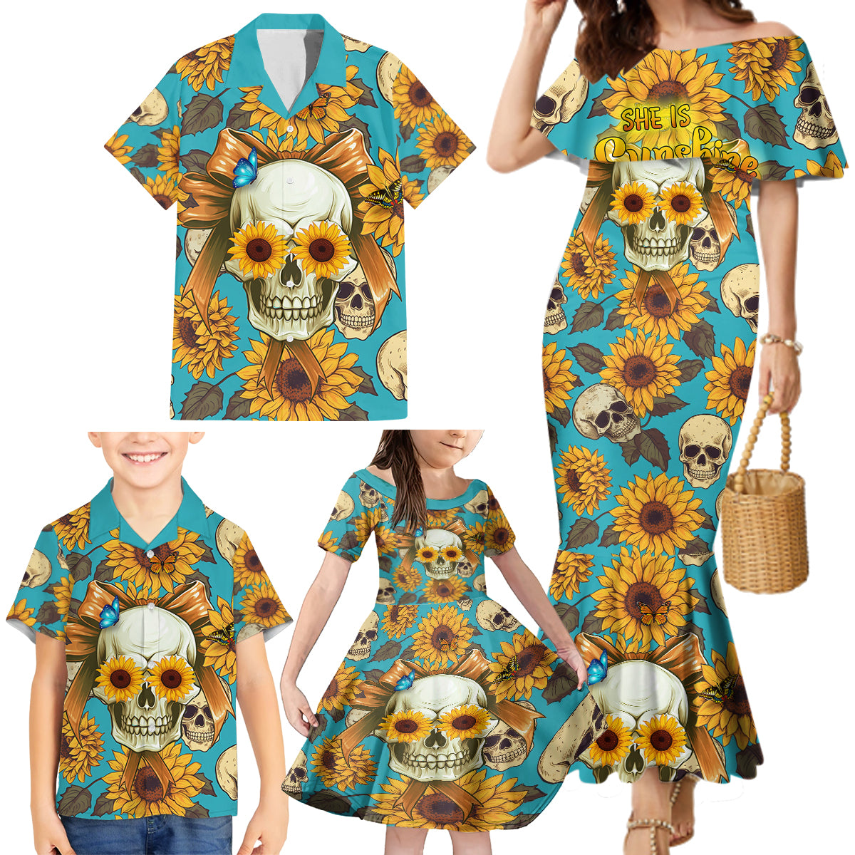 She Is Sunshine Mixed With A Little Hurricane Family Matching Mermaid Dress and Hawaiian Shirt - Wonder Print Shop