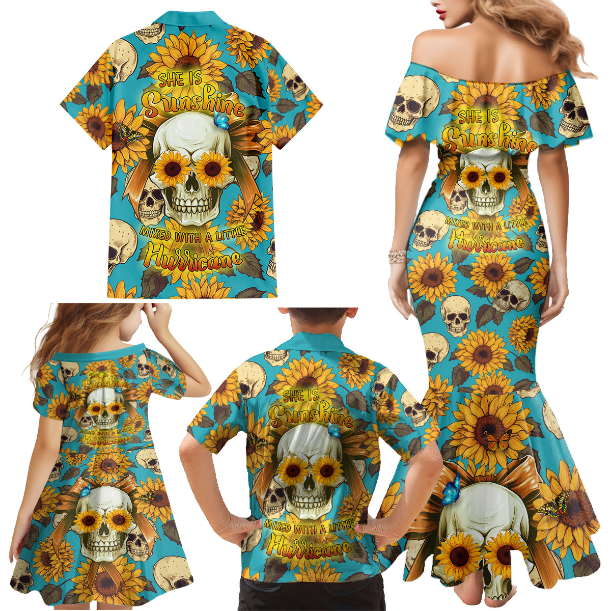 She Is Sunshine Mixed With A Little Hurricane Family Matching Mermaid Dress and Hawaiian Shirt - Wonder Print Shop