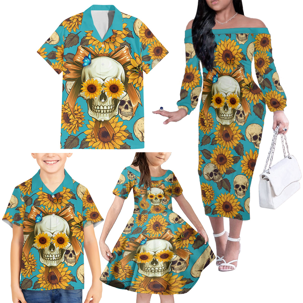 She Is Sunshine Mixed With A Little Hurricane Family Matching Off Shoulder Long Sleeve Dress and Hawaiian Shirt - Wonder Print Shop