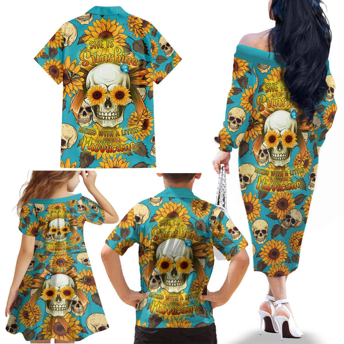 She Is Sunshine Mixed With A Little Hurricane Family Matching Off Shoulder Long Sleeve Dress and Hawaiian Shirt - Wonder Print Shop