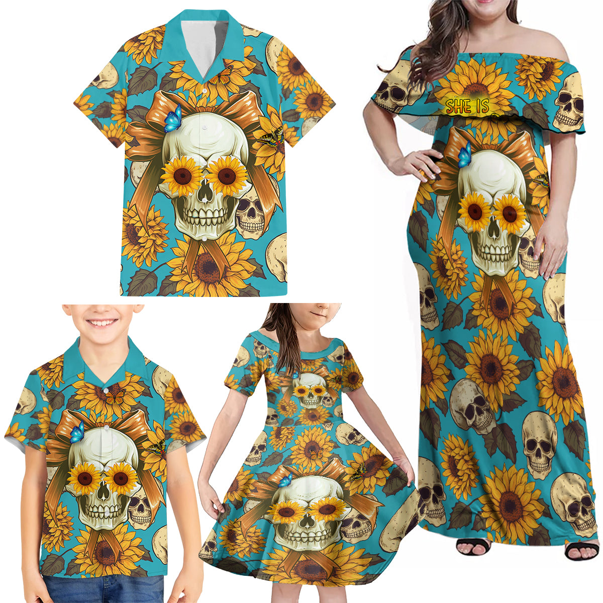 She Is Sunshine Mixed With A Little Hurricane Family Matching Off Shoulder Maxi Dress and Hawaiian Shirt - Wonder Print Shop