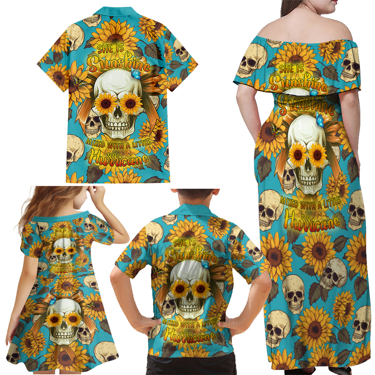 She Is Sunshine Mixed With A Little Hurricane Family Matching Off Shoulder Maxi Dress and Hawaiian Shirt - Wonder Print Shop