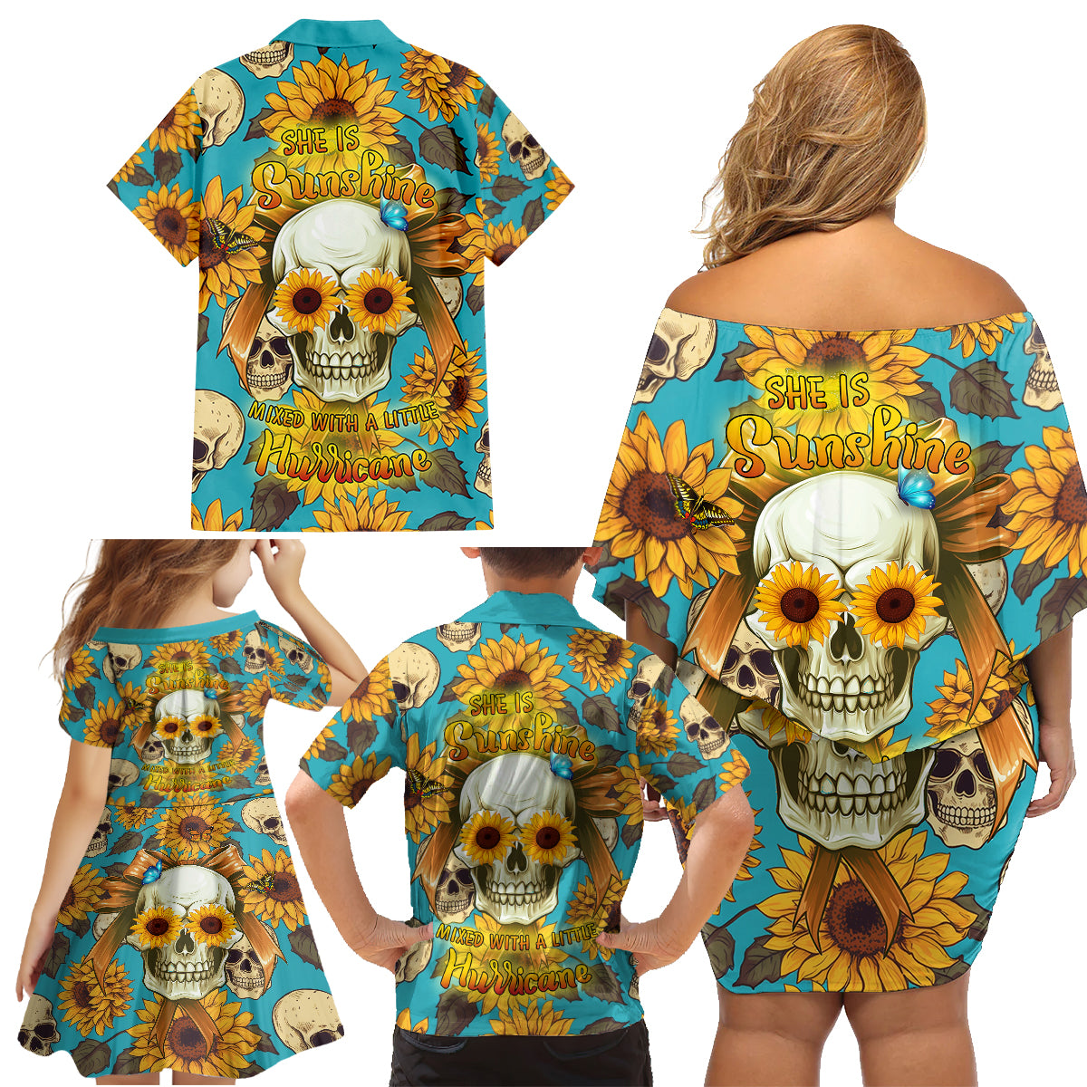 She Is Sunshine Mixed With A Little Hurricane Family Matching Off Shoulder Short Dress and Hawaiian Shirt - Wonder Print Shop