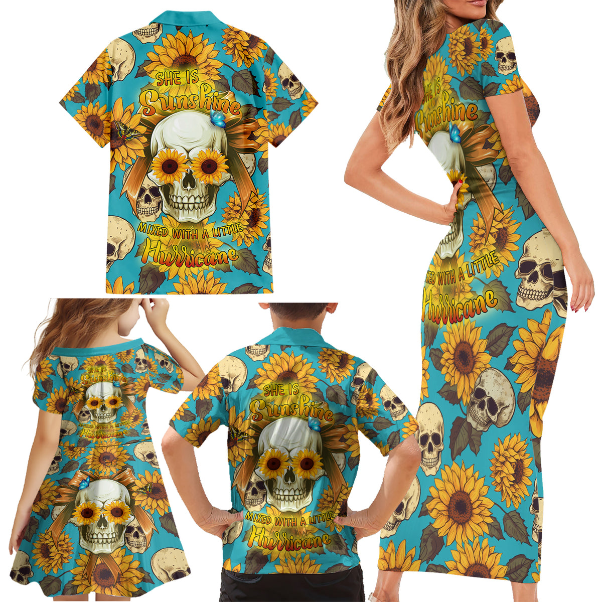 She Is Sunshine Mixed With A Little Hurricane Family Matching Short Sleeve Bodycon Dress and Hawaiian Shirt - Wonder Print Shop