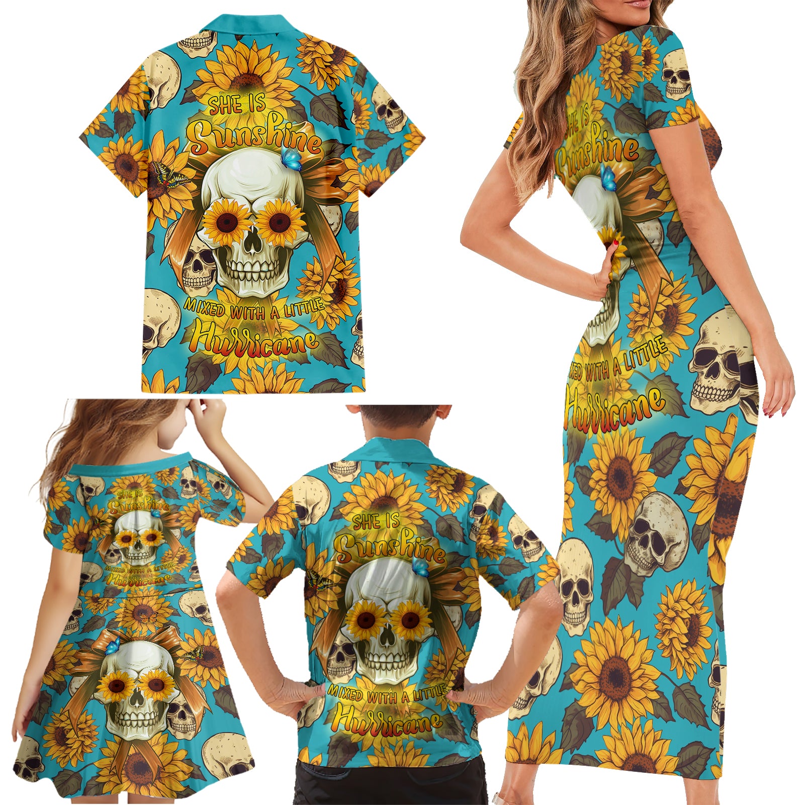She Is Sunshine Mixed With A Little Hurricane Family Matching Short Sleeve Bodycon Dress and Hawaiian Shirt - Wonder Print Shop