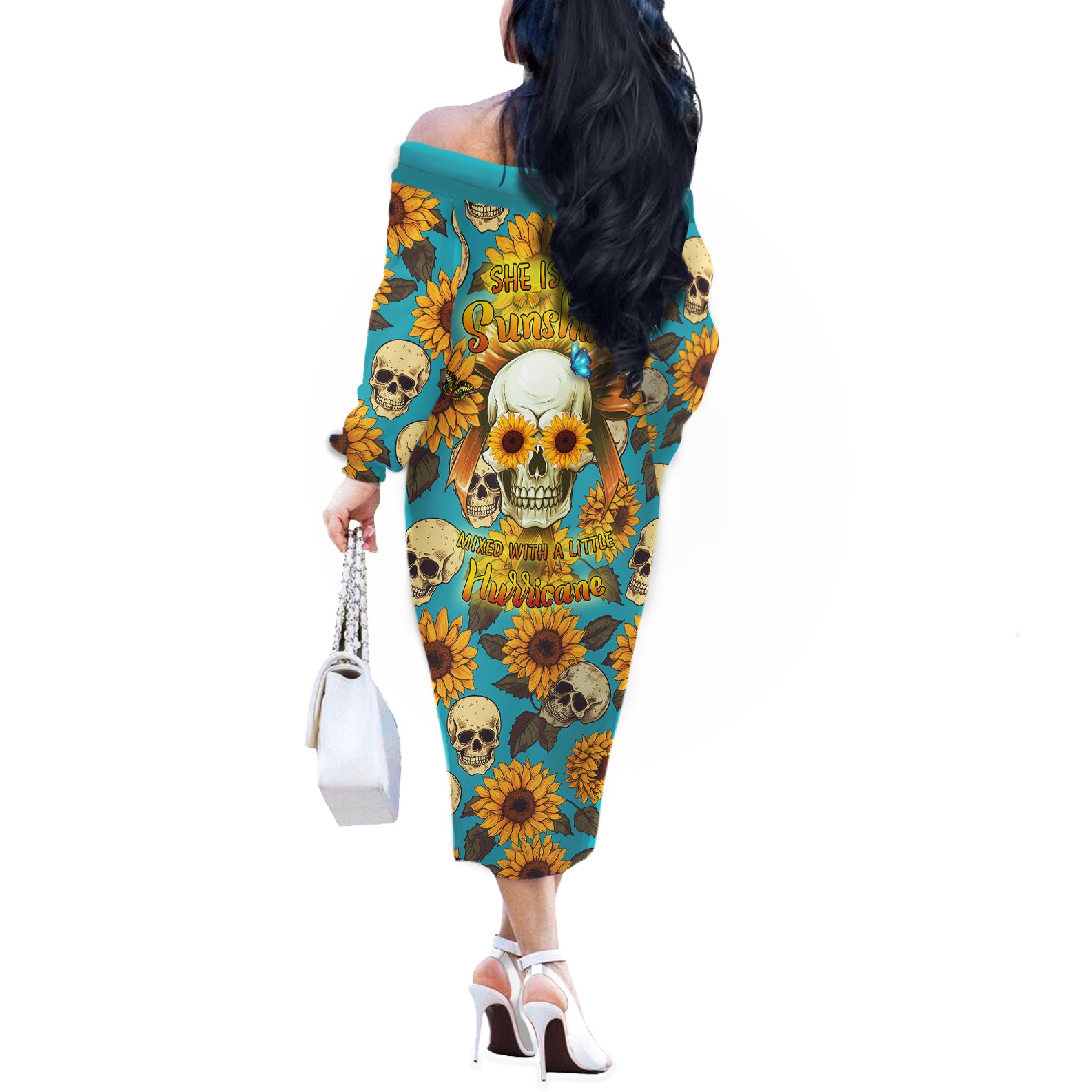 She Is Sunshine Mixed With A Little Hurricane Off The Shoulder Long Sleeve Dress - Wonder Print Shop