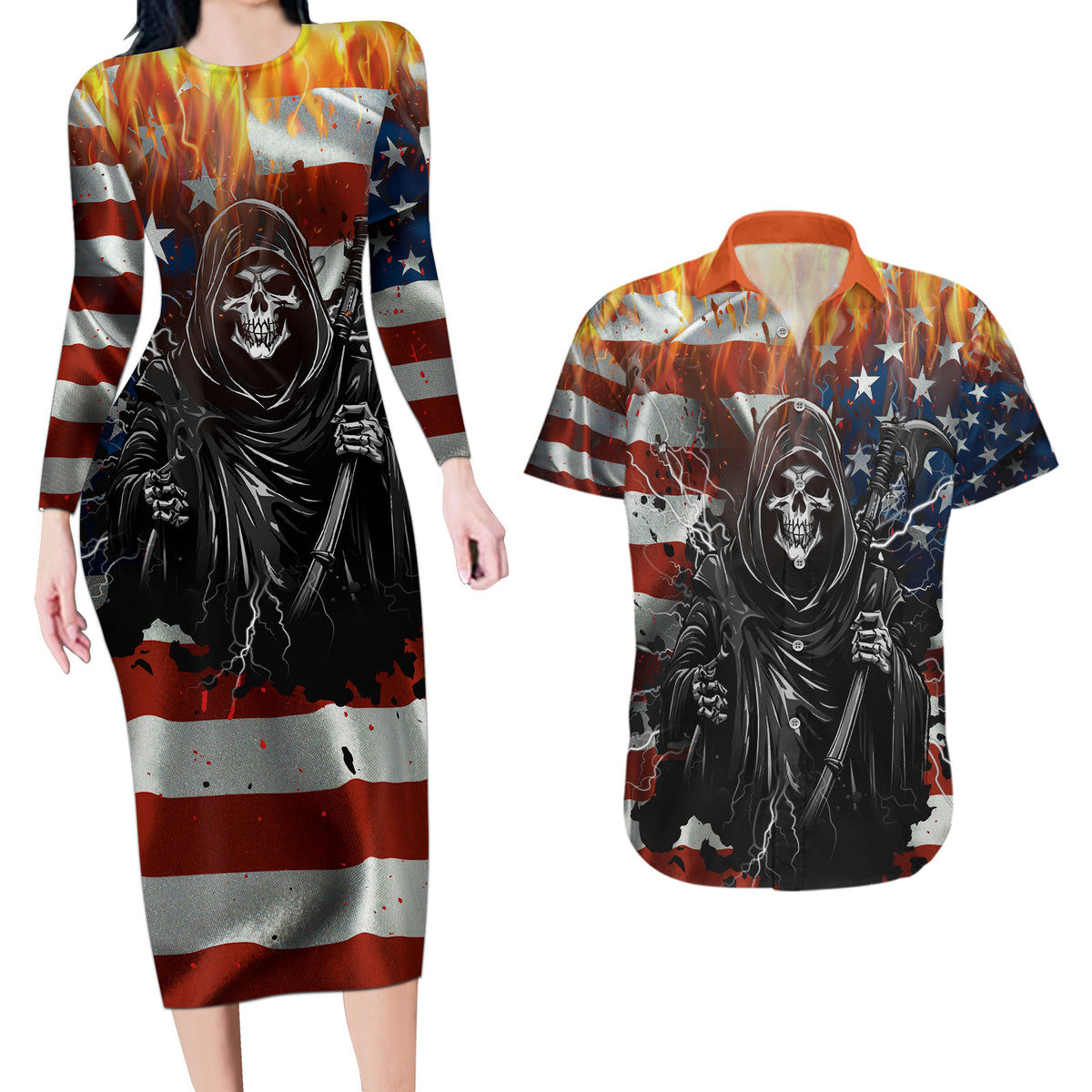 America Live It Love it Or Get the Hell Out Couples Matching Long Sleeve Bodycon Dress and Hawaiian Shirt - Wonder Print Shop