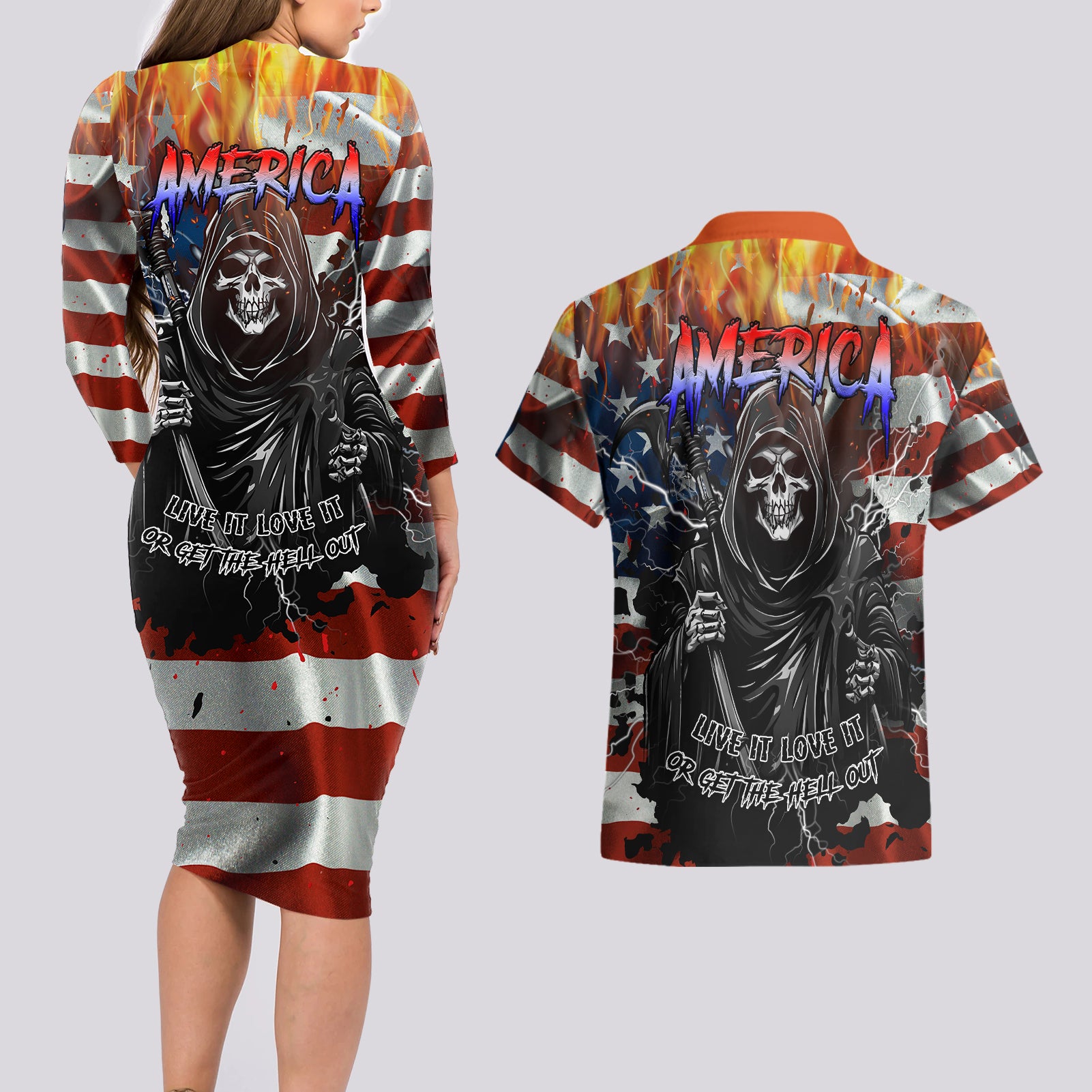 America Live It Love it Or Get the Hell Out Couples Matching Long Sleeve Bodycon Dress and Hawaiian Shirt - Wonder Print Shop