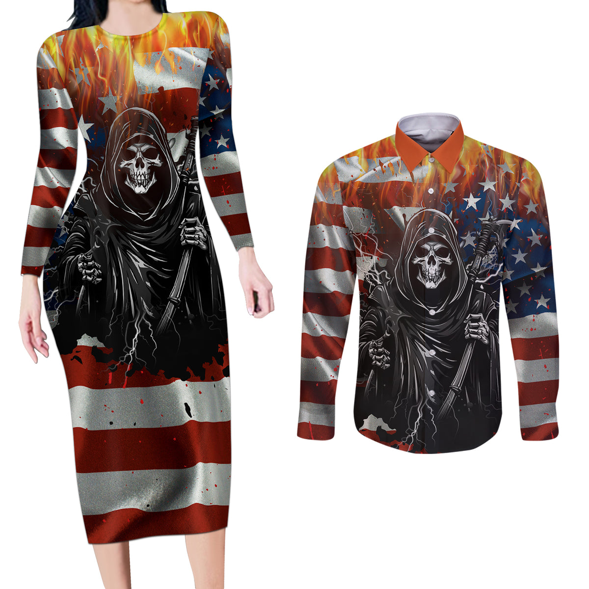 America Live It Love it Or Get the Hell Out Couples Matching Long Sleeve Bodycon Dress and Long Sleeve Button Shirts - Wonder Print Shop