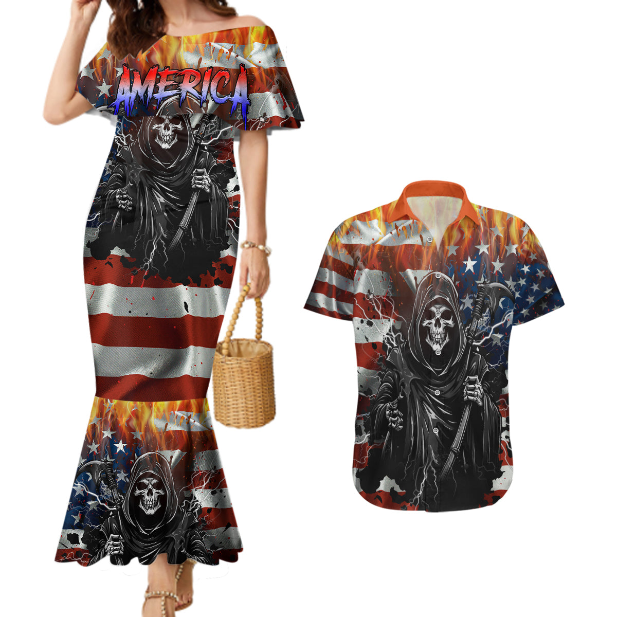 America Live It Love it Or Get the Hell Out Couples Matching Mermaid Dress and Hawaiian Shirt - Wonder Print Shop