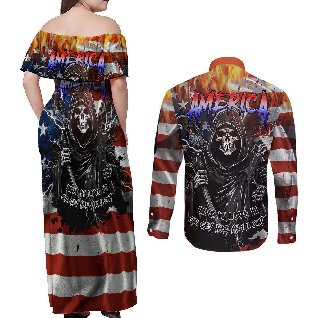 America Live It Love it Or Get the Hell Out Couples Matching Off Shoulder Maxi Dress and Long Sleeve Button Shirts - Wonder Print Shop
