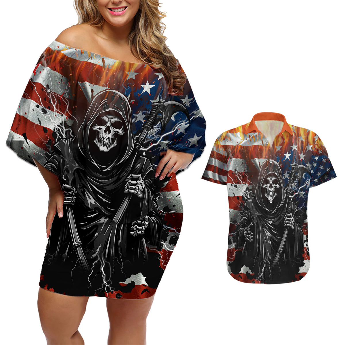 America Live It Love it Or Get the Hell Out Couples Matching Off Shoulder Short Dress and Hawaiian Shirt - Wonder Print Shop