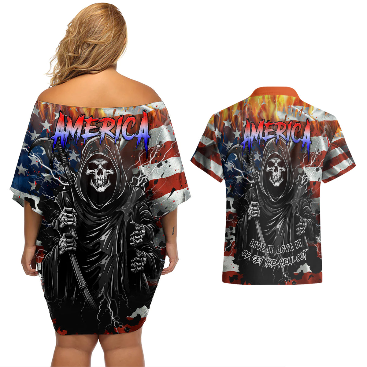 America Live It Love it Or Get the Hell Out Couples Matching Off Shoulder Short Dress and Hawaiian Shirt - Wonder Print Shop