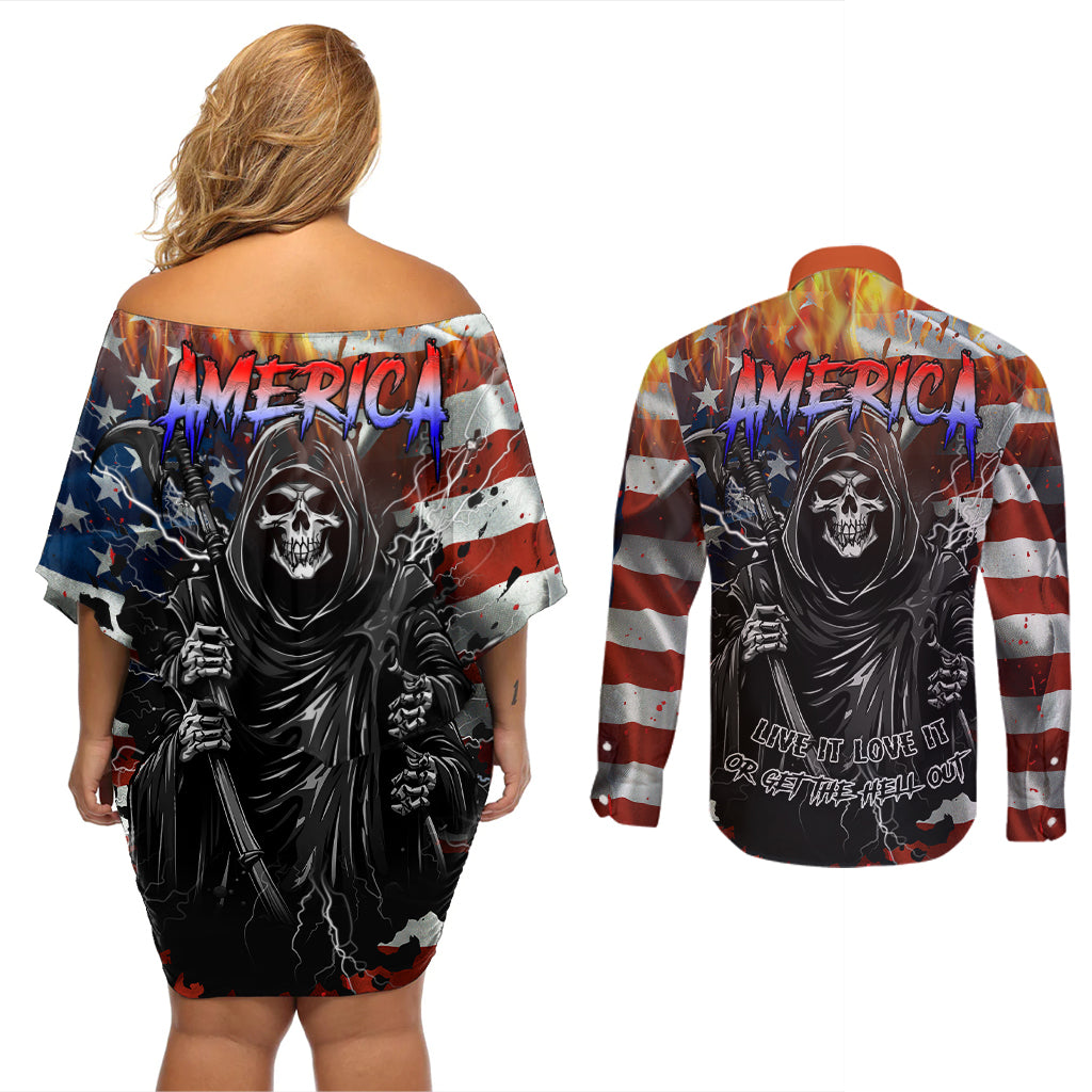 America Live It Love it Or Get the Hell Out Couples Matching Off Shoulder Short Dress and Long Sleeve Button Shirts - Wonder Print Shop