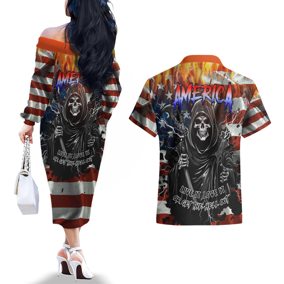 America Live It Love it Or Get the Hell Out Couples Matching Off The Shoulder Long Sleeve Dress and Hawaiian Shirt - Wonder Print Shop