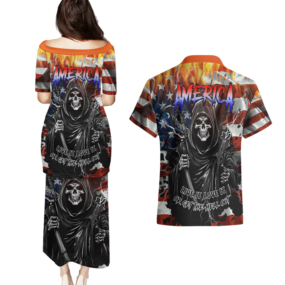 America Live It Love it Or Get the Hell Out Couples Matching Puletasi Dress and Hawaiian Shirt - Wonder Print Shop