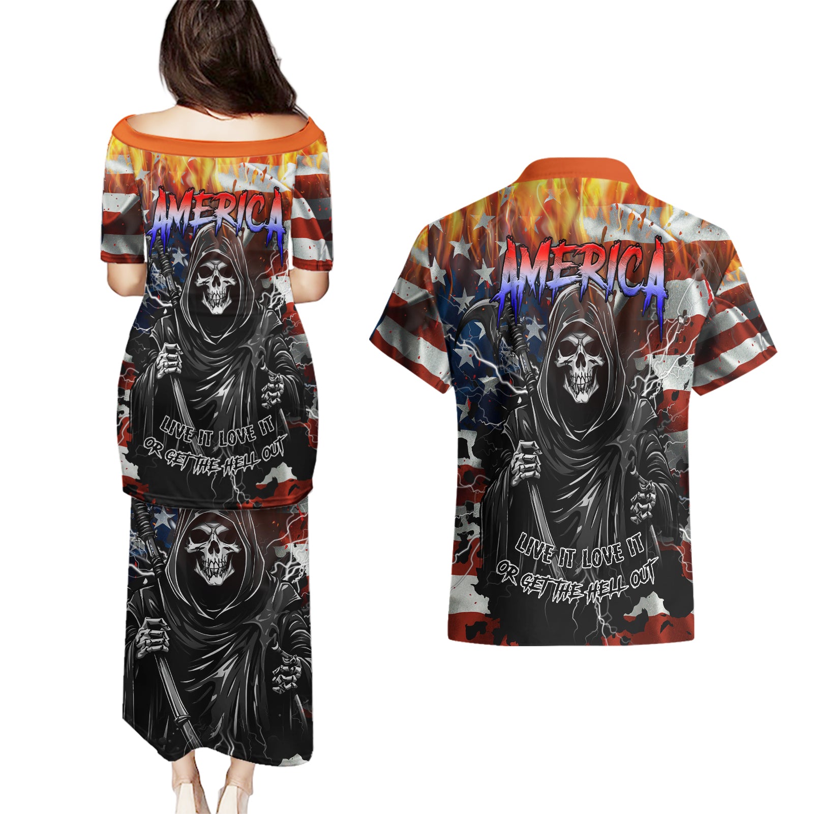 America Live It Love it Or Get the Hell Out Couples Matching Puletasi Dress and Hawaiian Shirt - Wonder Print Shop