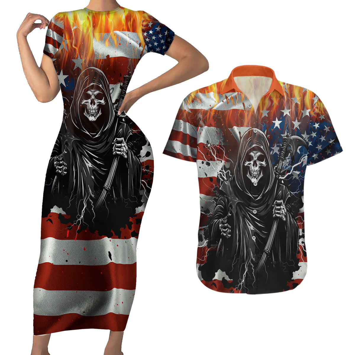 America Live It Love it Or Get the Hell Out Couples Matching Short Sleeve Bodycon Dress and Hawaiian Shirt - Wonder Print Shop