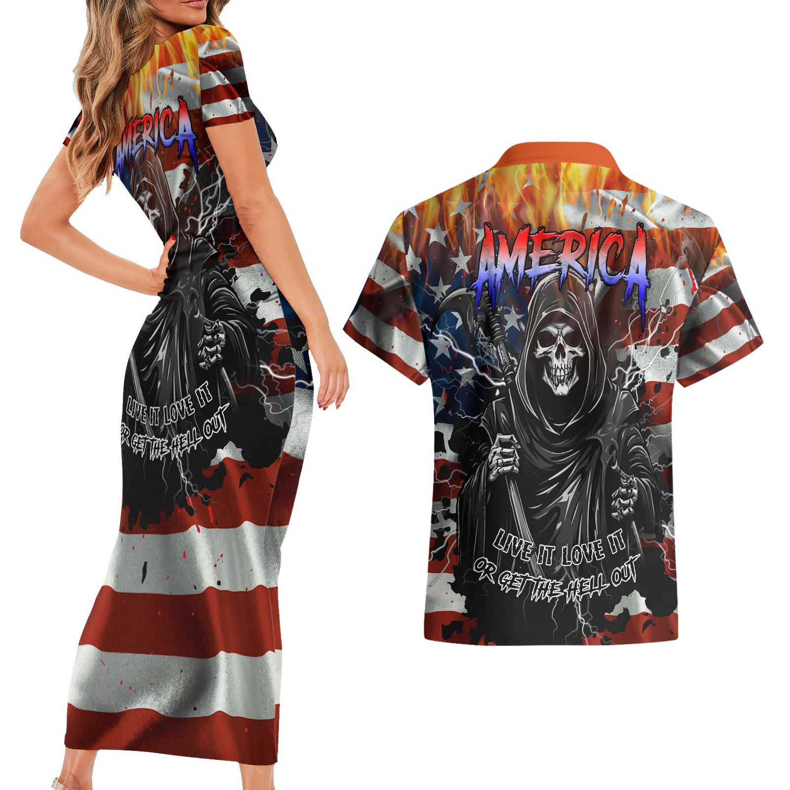 America Live It Love it Or Get the Hell Out Couples Matching Short Sleeve Bodycon Dress and Hawaiian Shirt - Wonder Print Shop