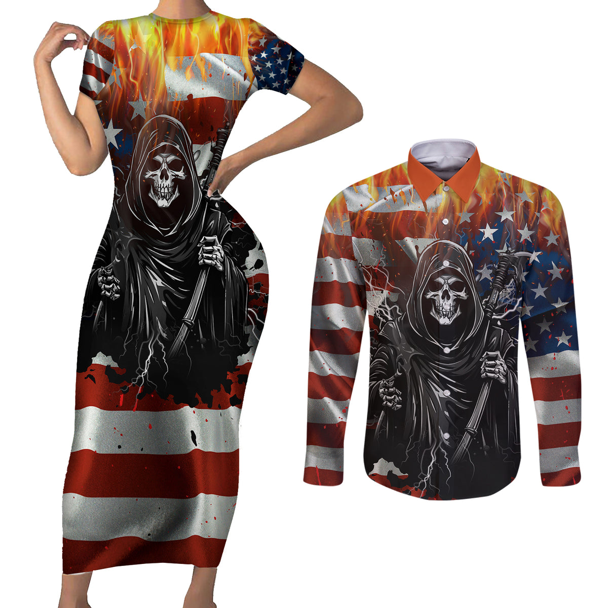 America Live It Love it Or Get the Hell Out Couples Matching Short Sleeve Bodycon Dress and Long Sleeve Button Shirts - Wonder Print Shop