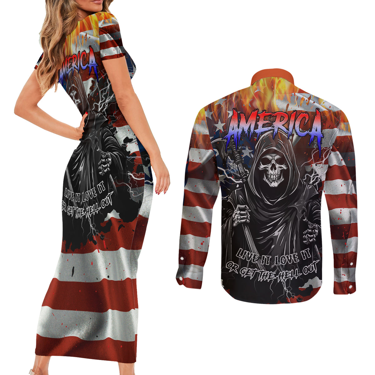 America Live It Love it Or Get the Hell Out Couples Matching Short Sleeve Bodycon Dress and Long Sleeve Button Shirts - Wonder Print Shop