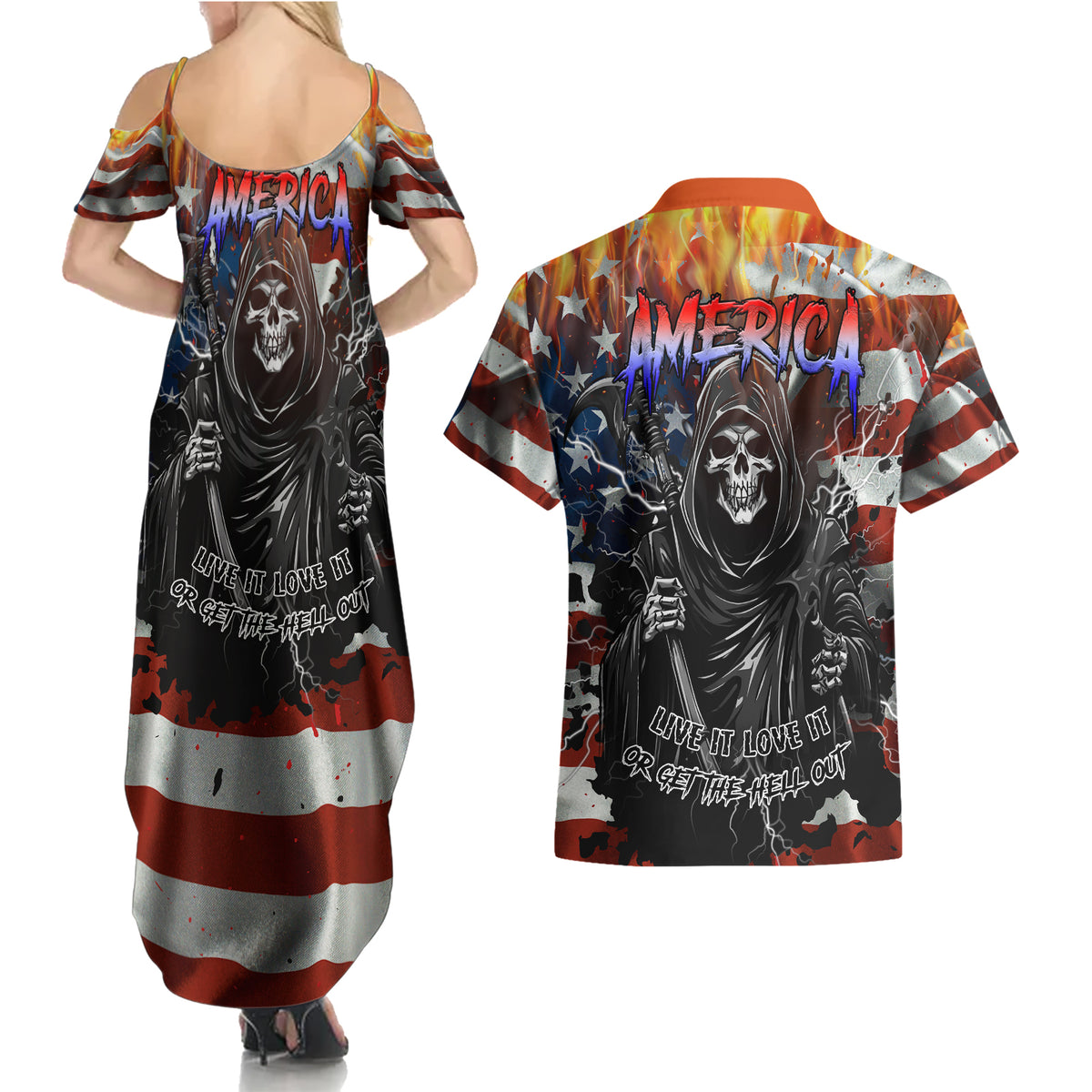 America Live It Love it Or Get the Hell Out Couples Matching Summer Maxi Dress and Hawaiian Shirt - Wonder Print Shop
