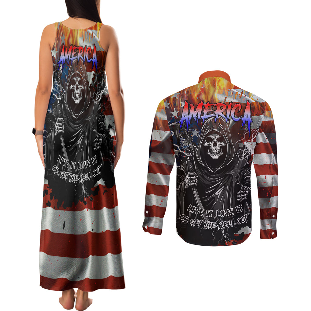 America Live It Love it Or Get the Hell Out Couples Matching Tank Maxi Dress and Long Sleeve Button Shirts - Wonder Print Shop
