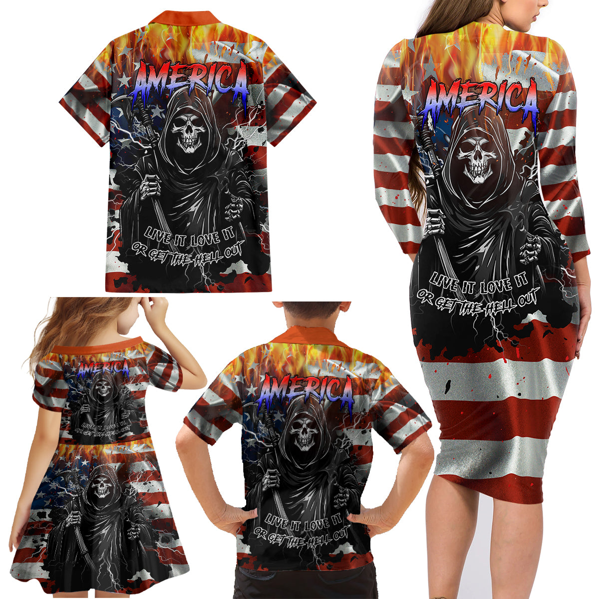 America Live It Love it Or Get the Hell Out Family Matching Long Sleeve Bodycon Dress and Hawaiian Shirt - Wonder Print Shop