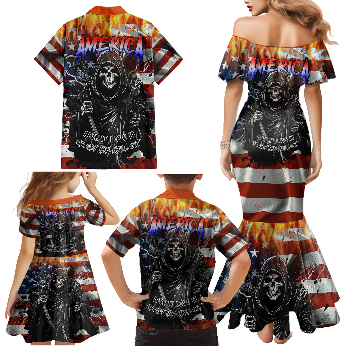 America Live It Love it Or Get the Hell Out Family Matching Mermaid Dress and Hawaiian Shirt - Wonder Print Shop