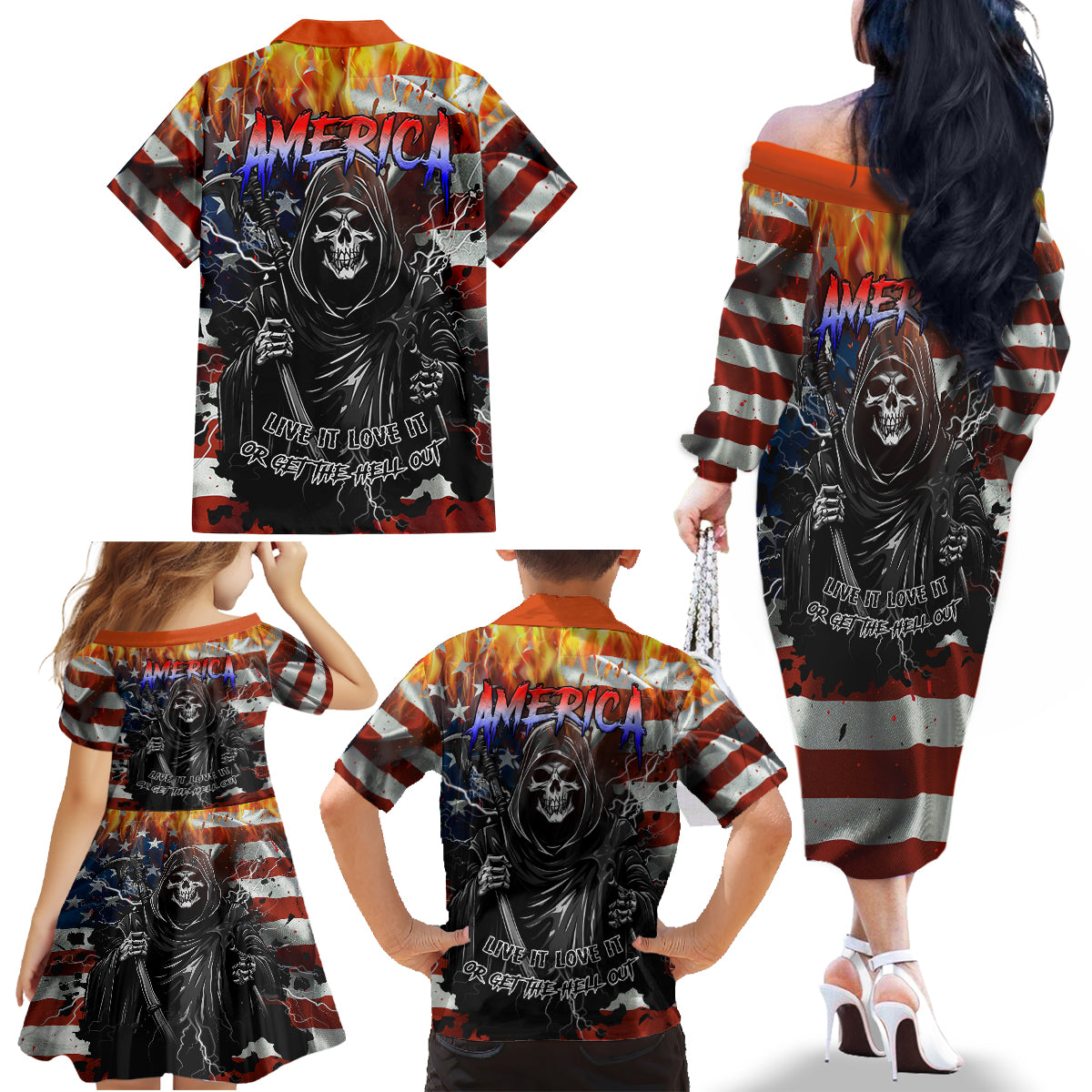 America Live It Love it Or Get the Hell Out Family Matching Off Shoulder Long Sleeve Dress and Hawaiian Shirt - Wonder Print Shop