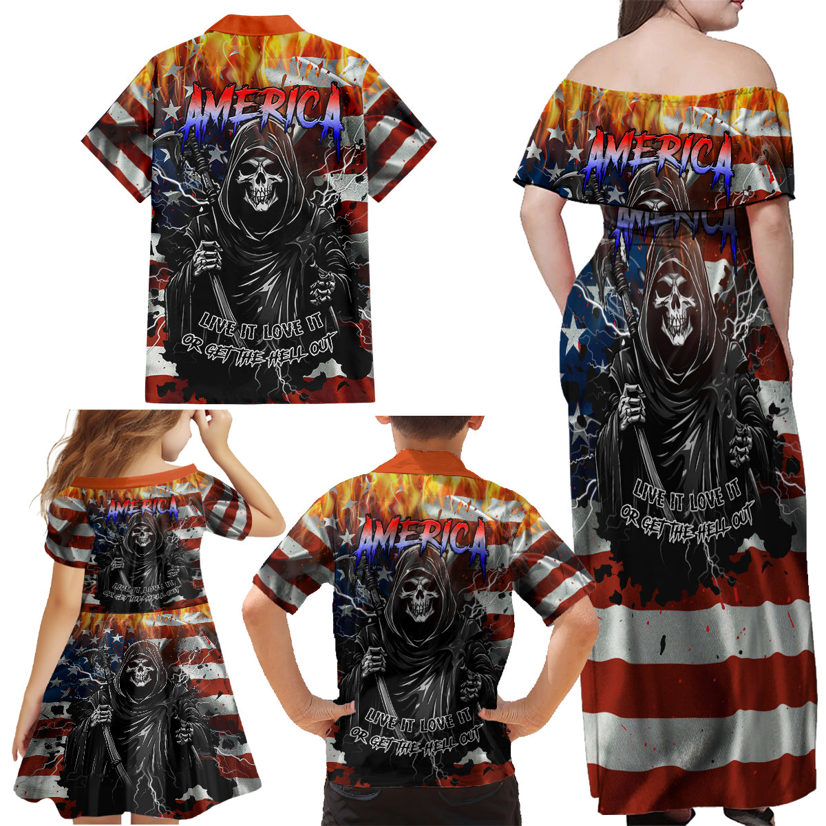 America Live It Love it Or Get the Hell Out Family Matching Off Shoulder Maxi Dress and Hawaiian Shirt - Wonder Print Shop
