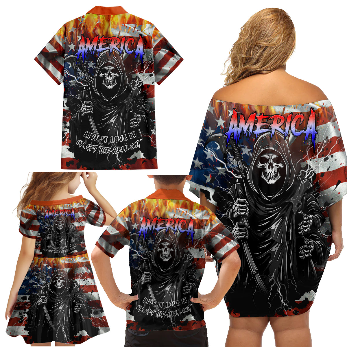 America Live It Love it Or Get the Hell Out Family Matching Off Shoulder Short Dress and Hawaiian Shirt - Wonder Print Shop