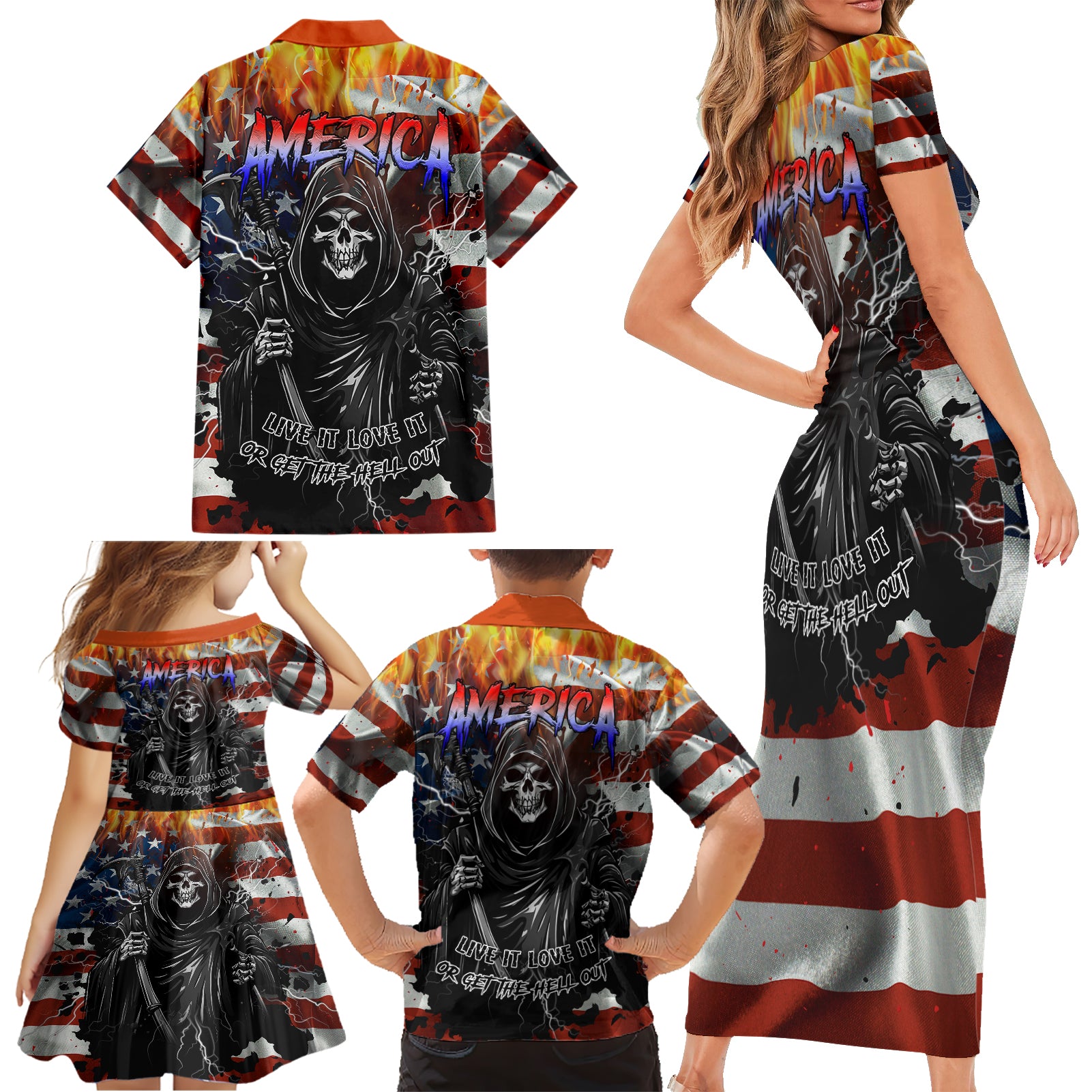 America Live It Love it Or Get the Hell Out Family Matching Short Sleeve Bodycon Dress and Hawaiian Shirt - Wonder Print Shop