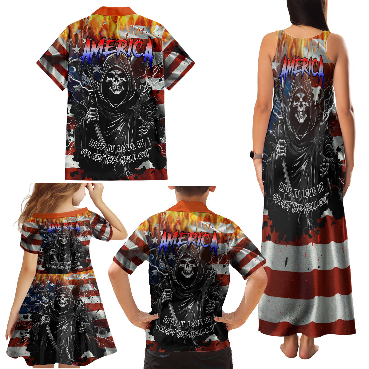 America Live It Love it Or Get the Hell Out Family Matching Tank Maxi Dress and Hawaiian Shirt - Wonder Print Shop