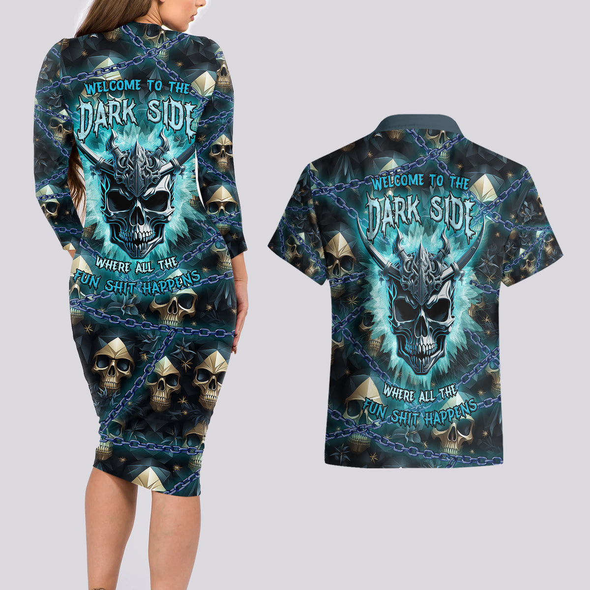 Welcome To The Dark Side Couples Matching Long Sleeve Bodycon Dress and Hawaiian Shirt - Wonder Print Shop