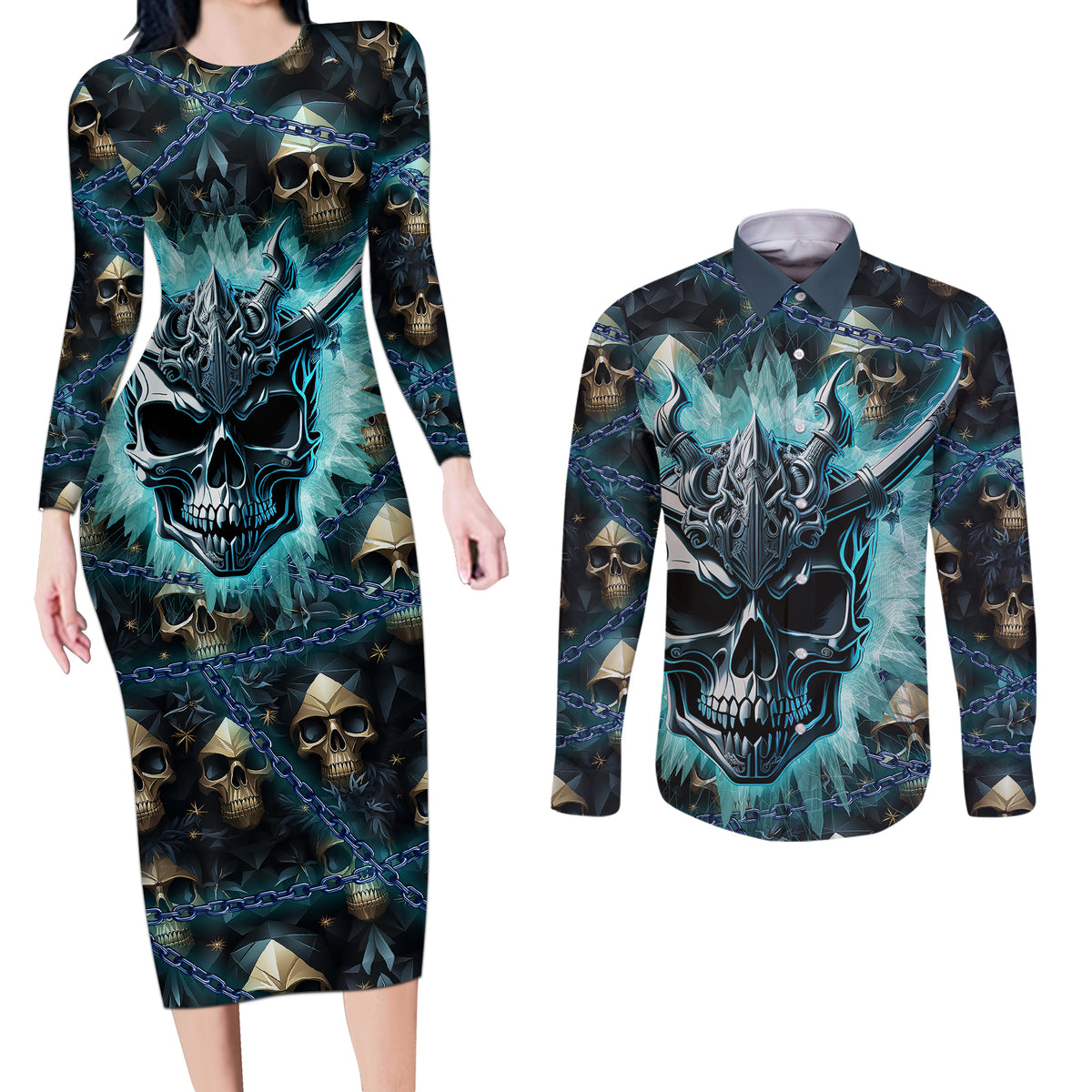 Welcome To The Dark Side Couples Matching Long Sleeve Bodycon Dress and Long Sleeve Button Shirts - Wonder Print Shop