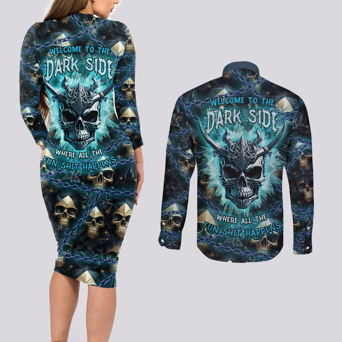 Welcome To The Dark Side Couples Matching Long Sleeve Bodycon Dress and Long Sleeve Button Shirts - Wonder Print Shop