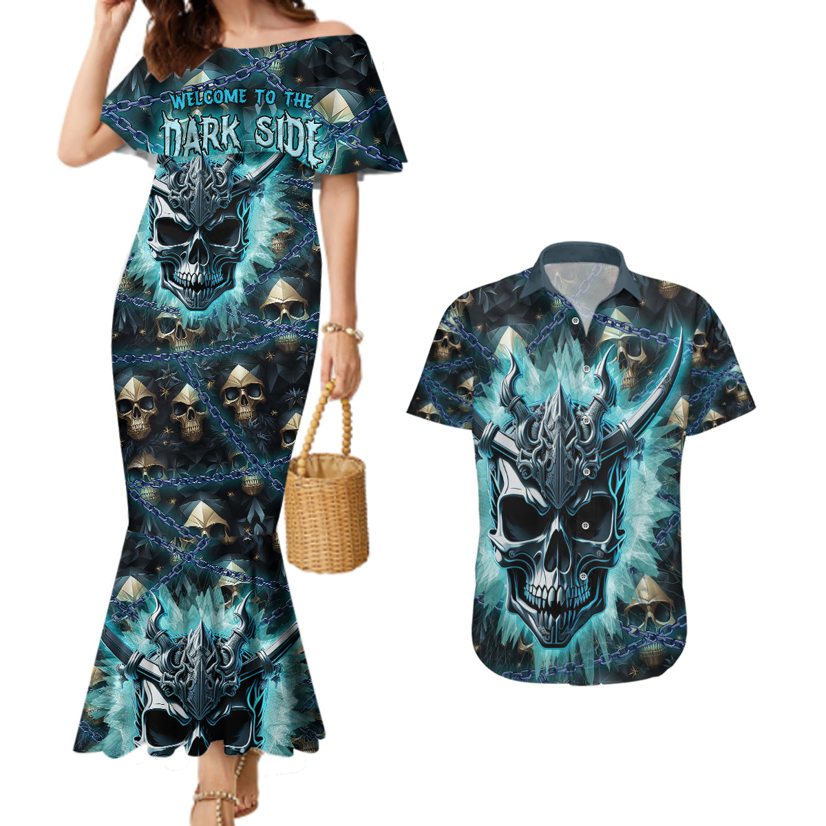 Welcome To The Dark Side Couples Matching Mermaid Dress and Hawaiian Shirt - Wonder Print Shop