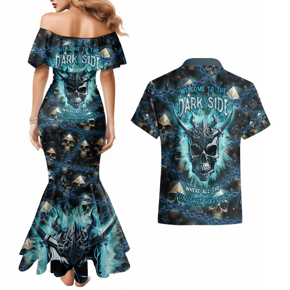 Welcome To The Dark Side Couples Matching Mermaid Dress and Hawaiian Shirt - Wonder Print Shop