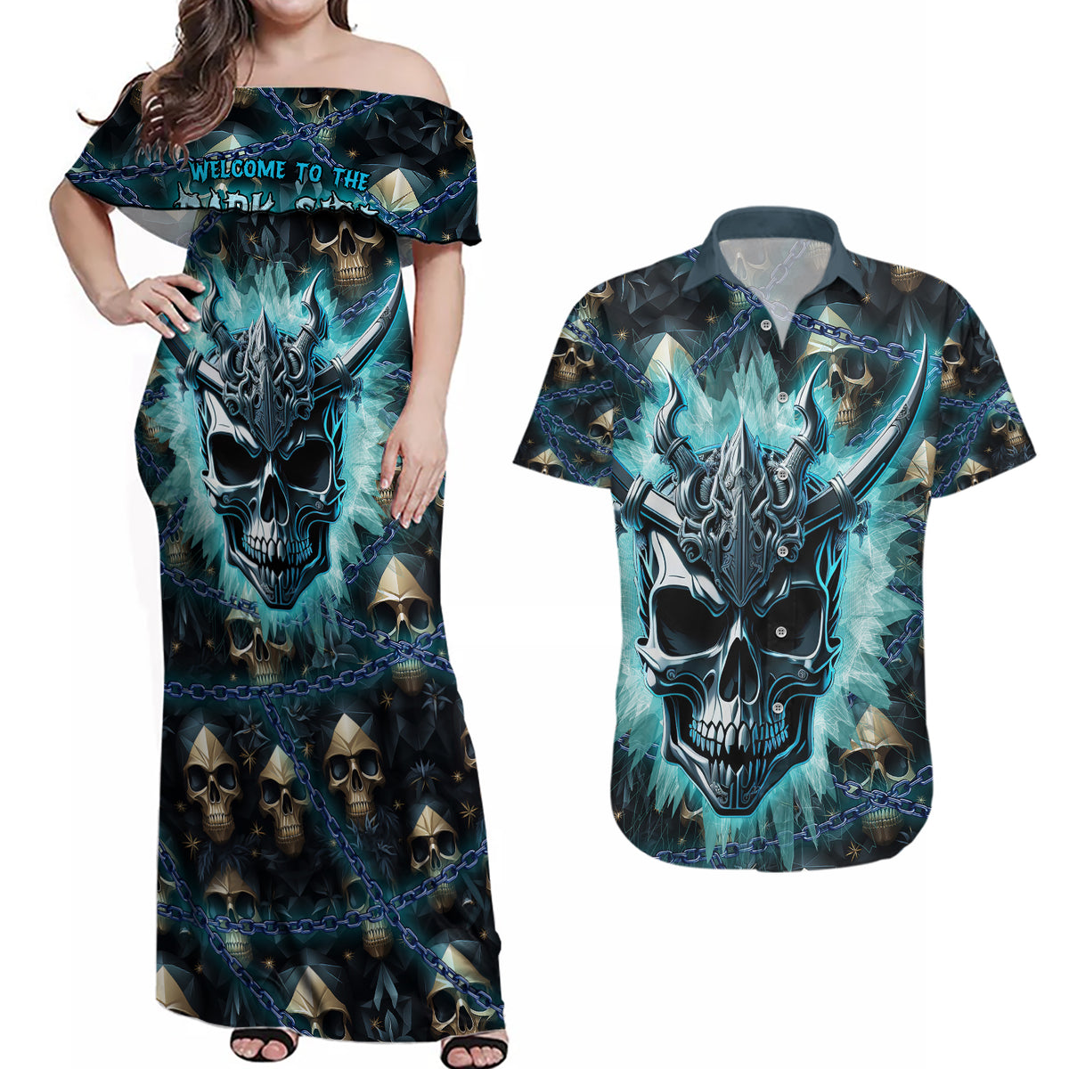 Welcome To The Dark Side Couples Matching Off Shoulder Maxi Dress and Hawaiian Shirt - Wonder Print Shop