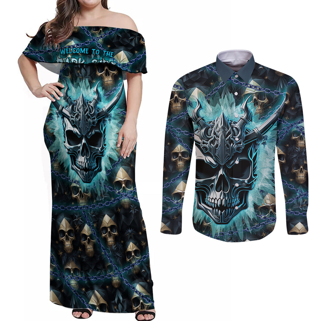Welcome To The Dark Side Couples Matching Off Shoulder Maxi Dress and Long Sleeve Button Shirts - Wonder Print Shop