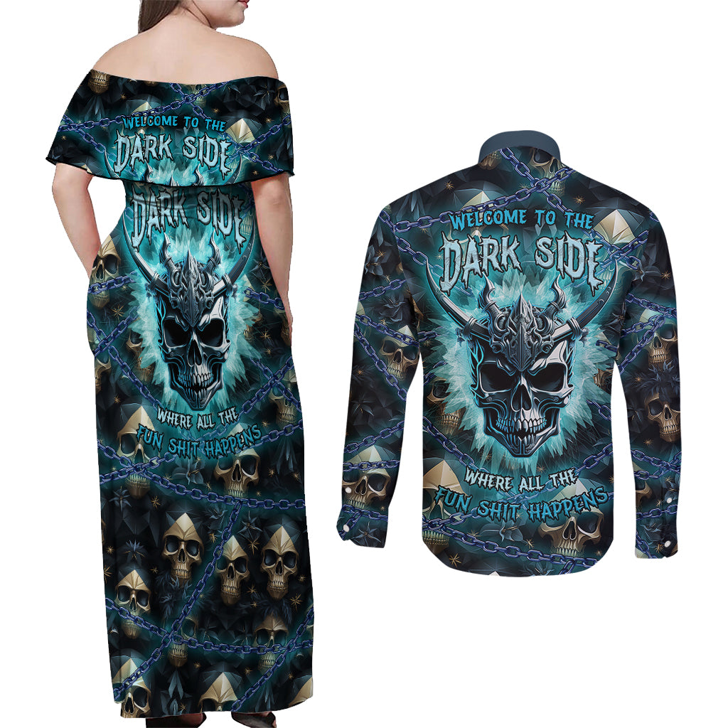 Welcome To The Dark Side Couples Matching Off Shoulder Maxi Dress and Long Sleeve Button Shirts - Wonder Print Shop