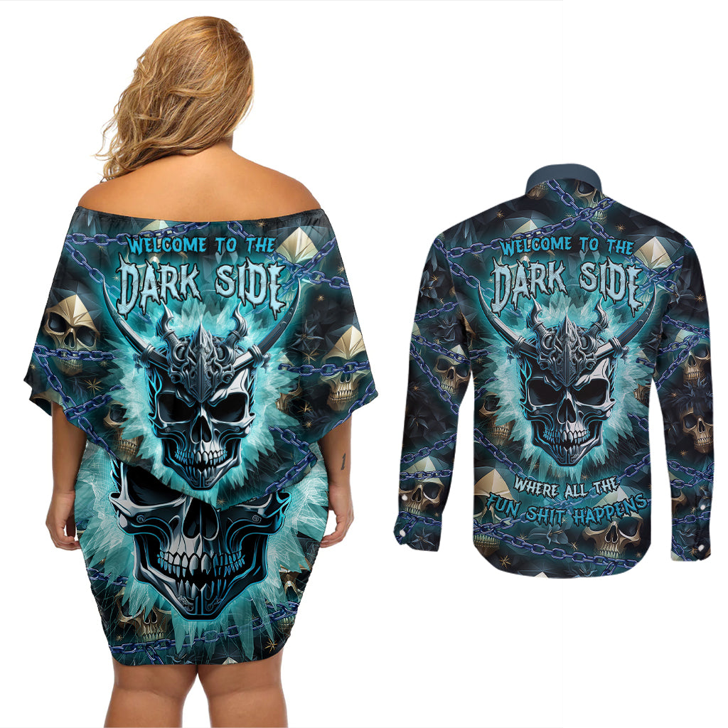 Welcome To The Dark Side Couples Matching Off Shoulder Short Dress and Long Sleeve Button Shirts - Wonder Print Shop