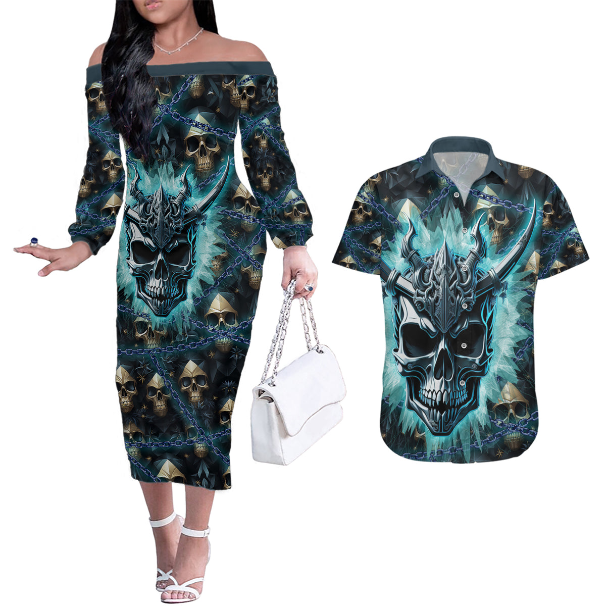 Welcome To The Dark Side Couples Matching Off The Shoulder Long Sleeve Dress and Hawaiian Shirt - Wonder Print Shop