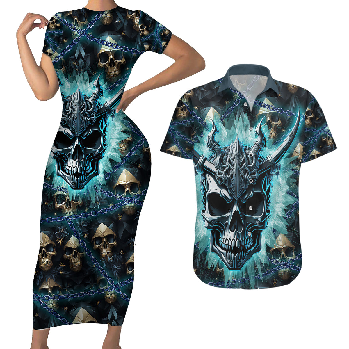 Welcome To The Dark Side Couples Matching Short Sleeve Bodycon Dress and Hawaiian Shirt - Wonder Print Shop