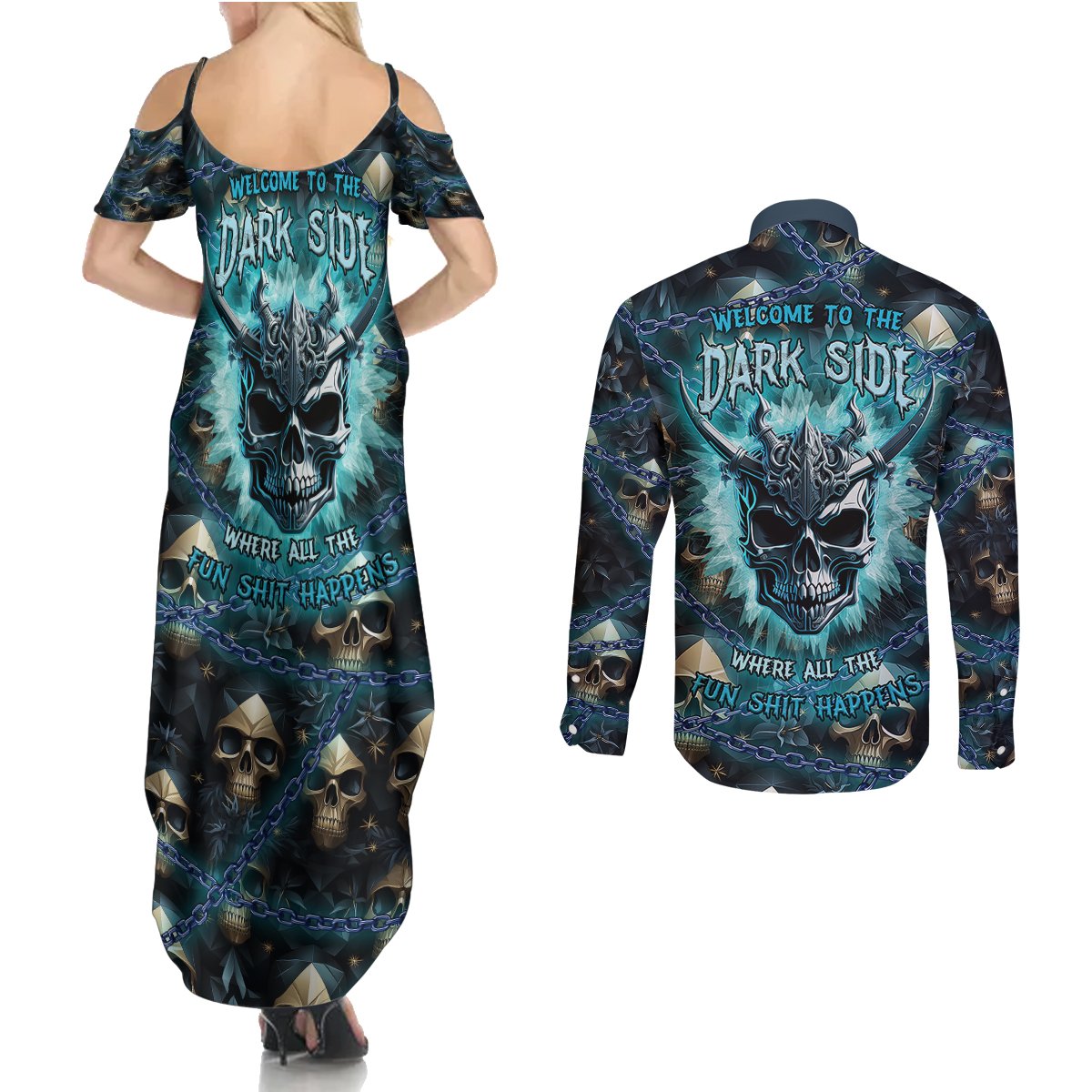 Welcome To The Dark Side Couples Matching Summer Maxi Dress and Long Sleeve Button Shirts - Wonder Print Shop