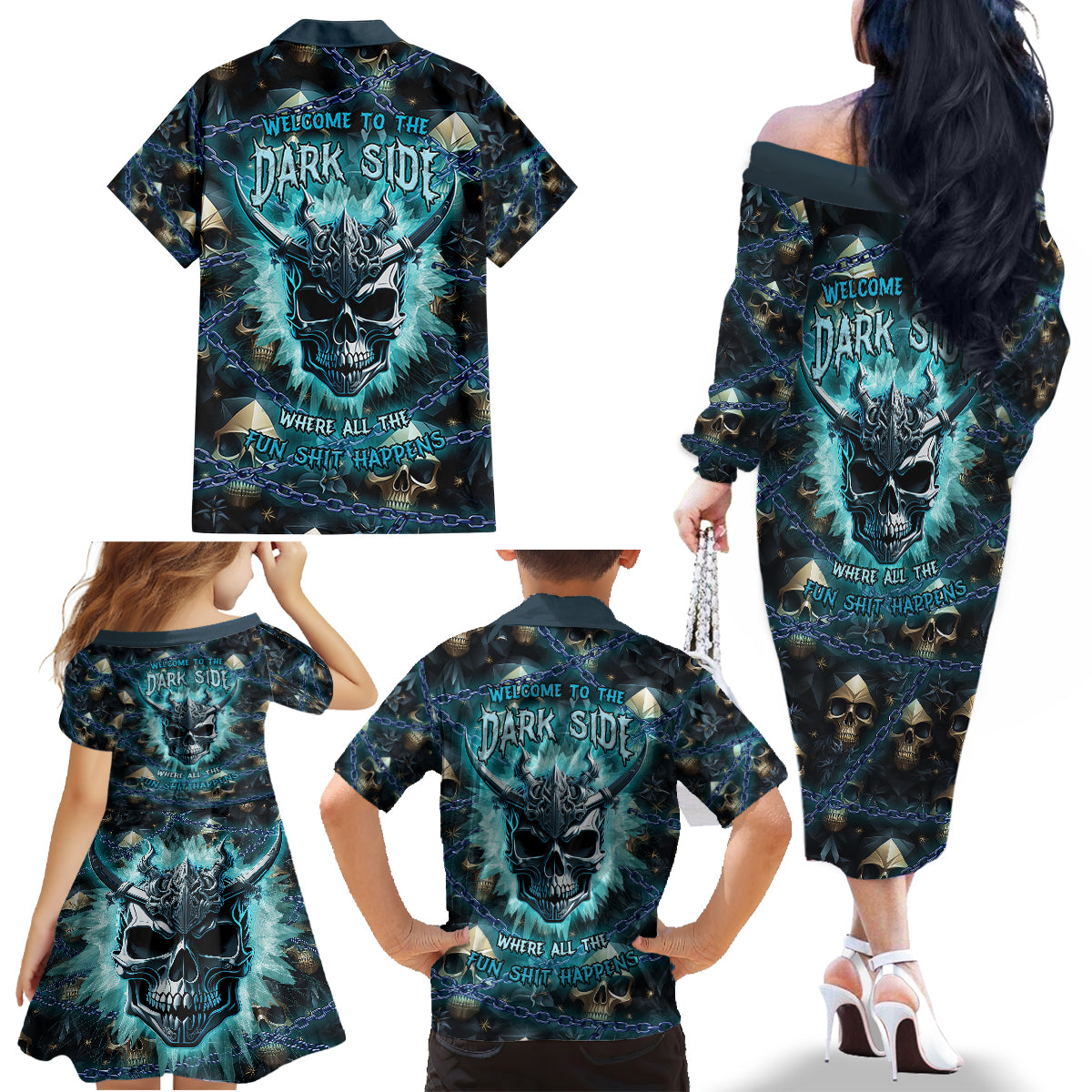 Welcome To The Dark Side Family Matching Off Shoulder Long Sleeve Dress and Hawaiian Shirt - Wonder Print Shop