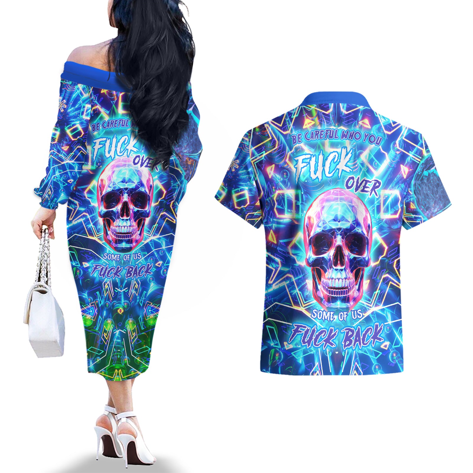 Be Careful Who You F Over Some Of Us F Back Couples Matching Off The Shoulder Long Sleeve Dress and Hawaiian Shirt - Wonder Print Shop