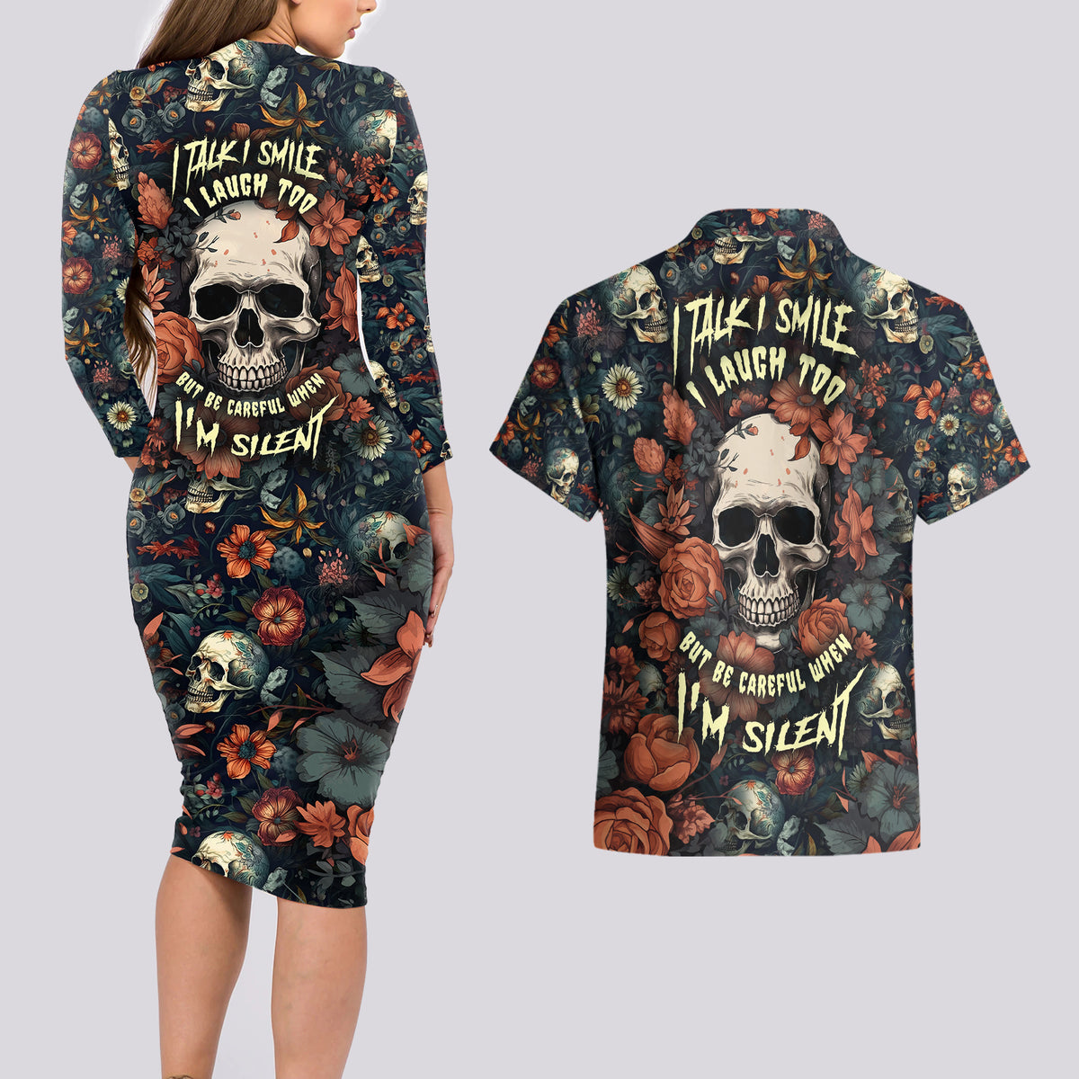 I Talk I Smile I Laugh Too But Be Care Ful When I'm Silent Couples Matching Long Sleeve Bodycon Dress and Hawaiian Shirt - Wonder Print Shop