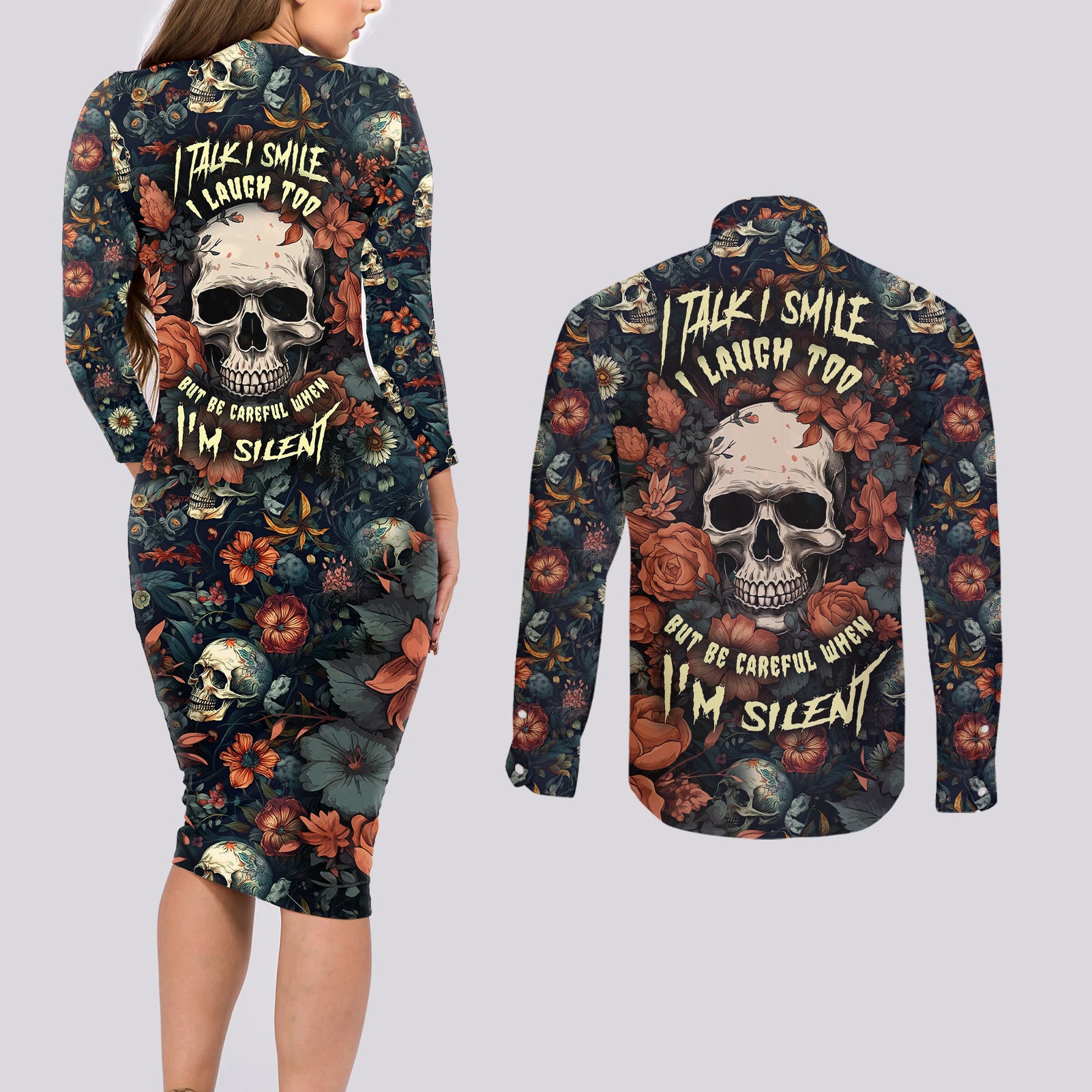 I Talk I Smile I Laugh Too But Be Care Ful When I'm Silent Couples Matching Long Sleeve Bodycon Dress and Long Sleeve Button Shirts - Wonder Print Shop